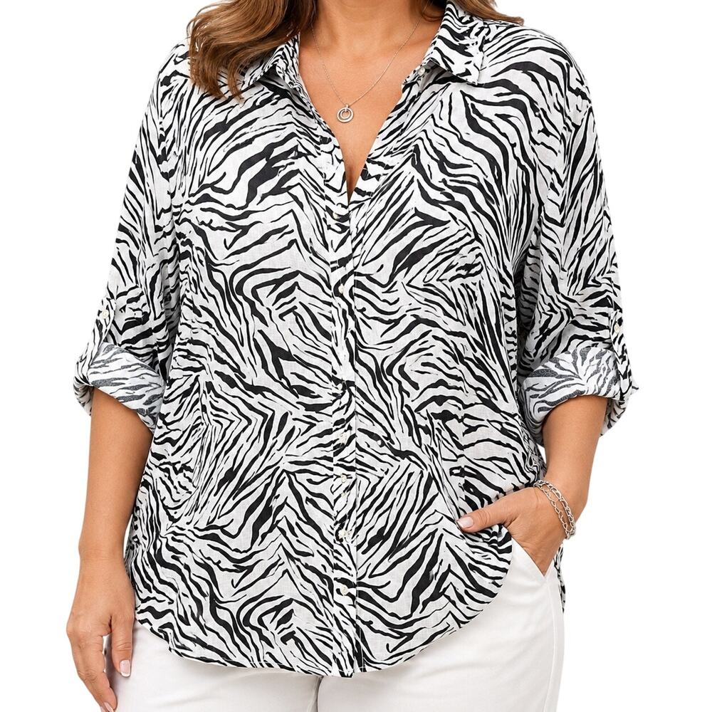 Cynthia Rowley 100% LINEN Plus Size 3X Zebra Black White Blouse Shirt Top